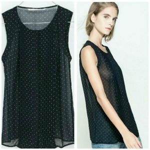 Zara sheer pleated front polka dot blouse